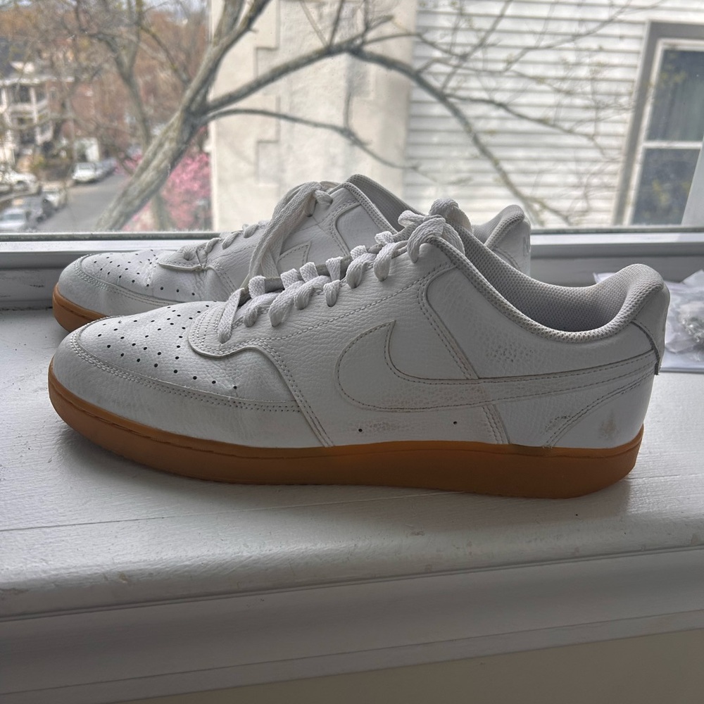 Nike Men’s Court Vision Low White Leather Sneakers with Gum Outsole